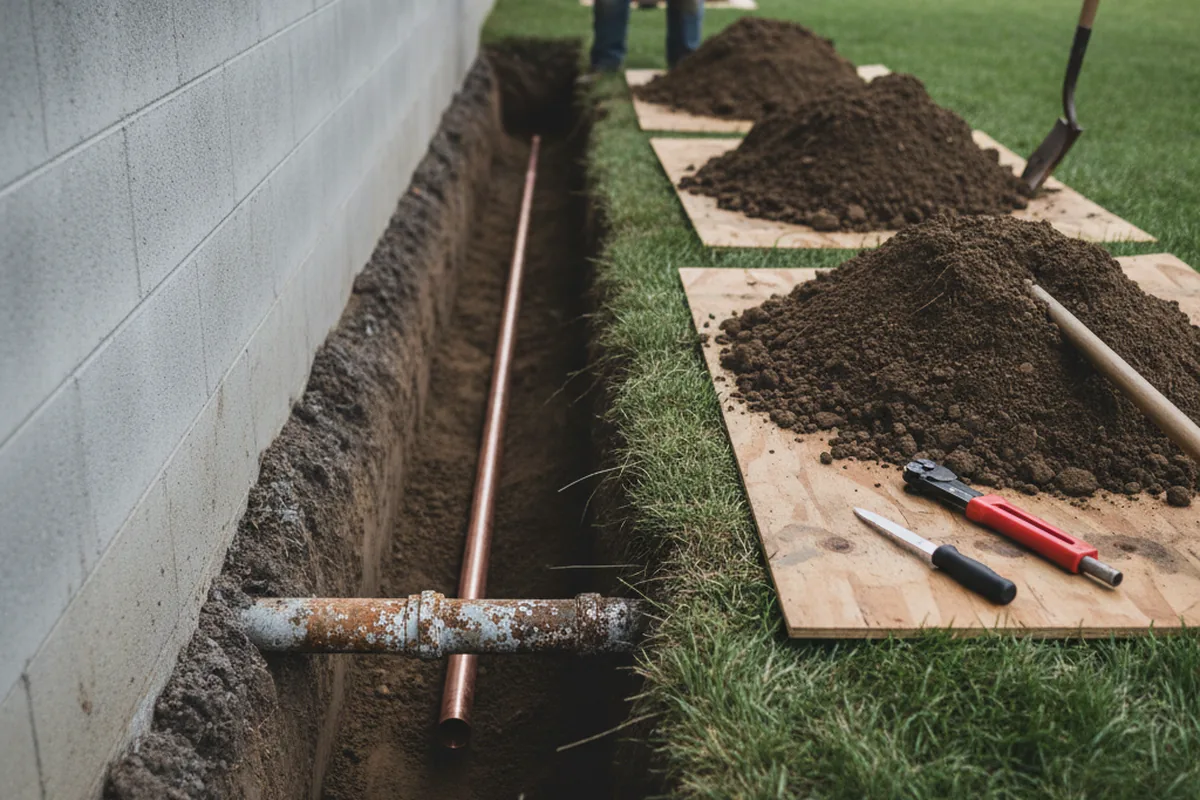 Excavated water line trench during Water Softener Installation in Pinehurst